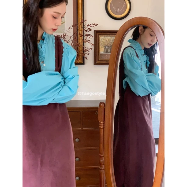 HELLOTANGO《安妮罗曼史》法式复古高级感铜氨丝V领背带裙53933#