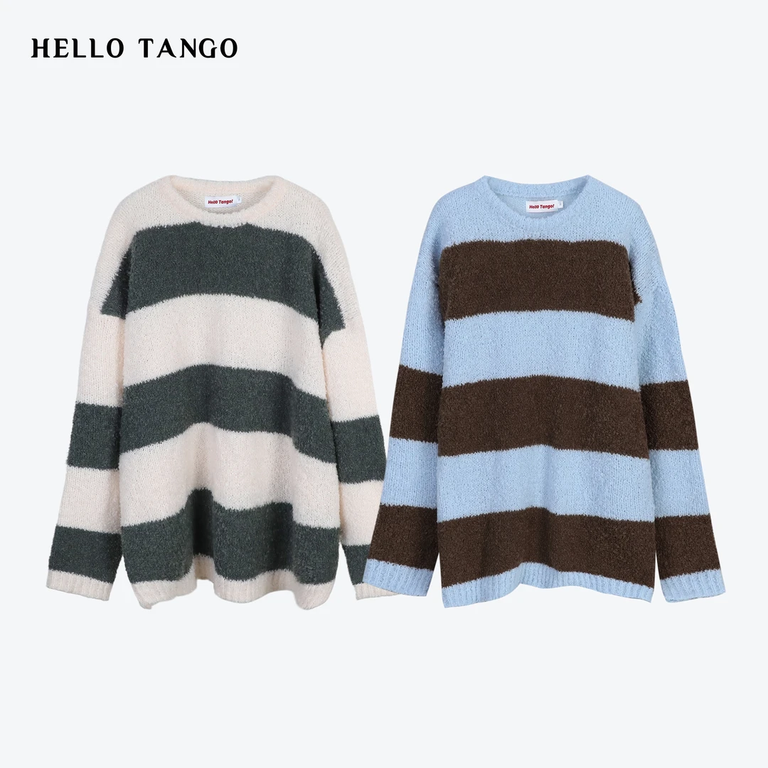 HELLOTANGO《柔软时分》小众慵懒感舒适软糯条纹撞色圆领毛衣8296#