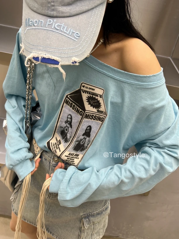 Tangostyle《牛奶少女》小众千禧辣妹可斜肩长袖T恤 52382#短款