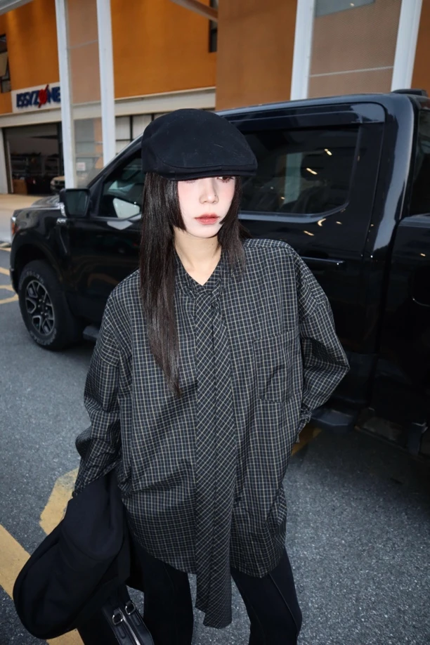 HELLOTANGO《风格坐标》小众复古时髦显瘦飘带设计格子衬衫84977#