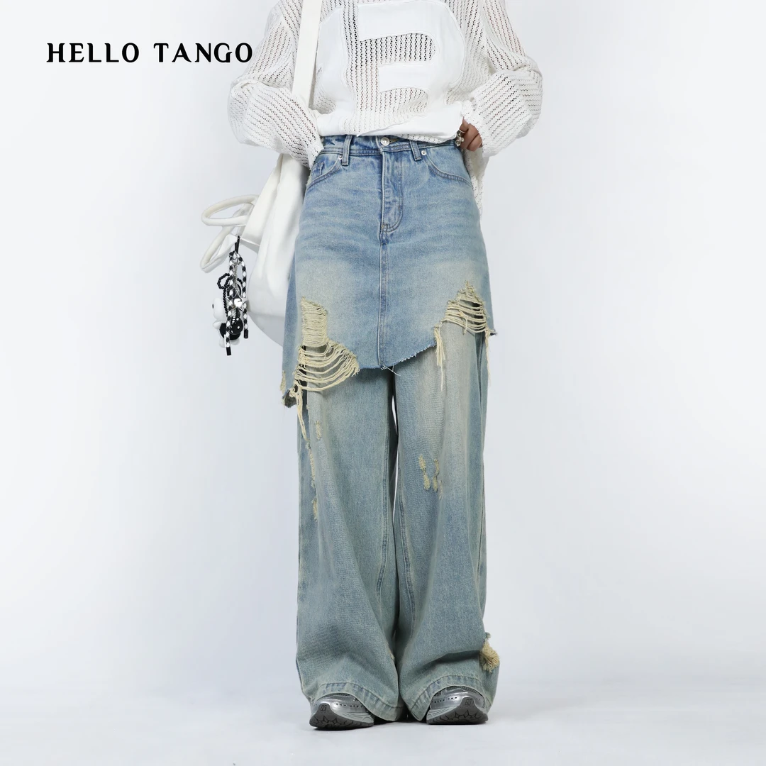 HELLOTANGO《滩地狂欢》小众设计师复古做旧假两件屁帘牛仔裤F155#