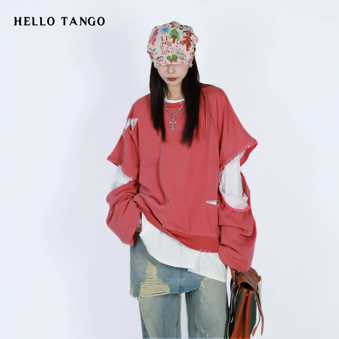 HELLOTANGO《破洞玩家》小众复古水洗做旧破洞设计圆领卫衣54314#