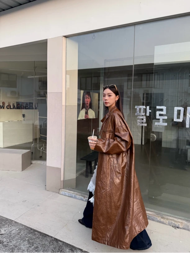 HELLOTANGO《怀旧小旅途》小众美式高级感双头拉链长款皮衣84907#