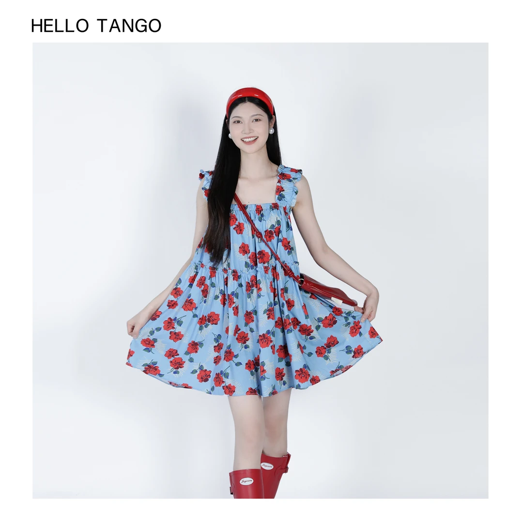HELLOTANGO《夏日恋曲》小众设计夏季蓝碎花吊带裙53521/53521-1#