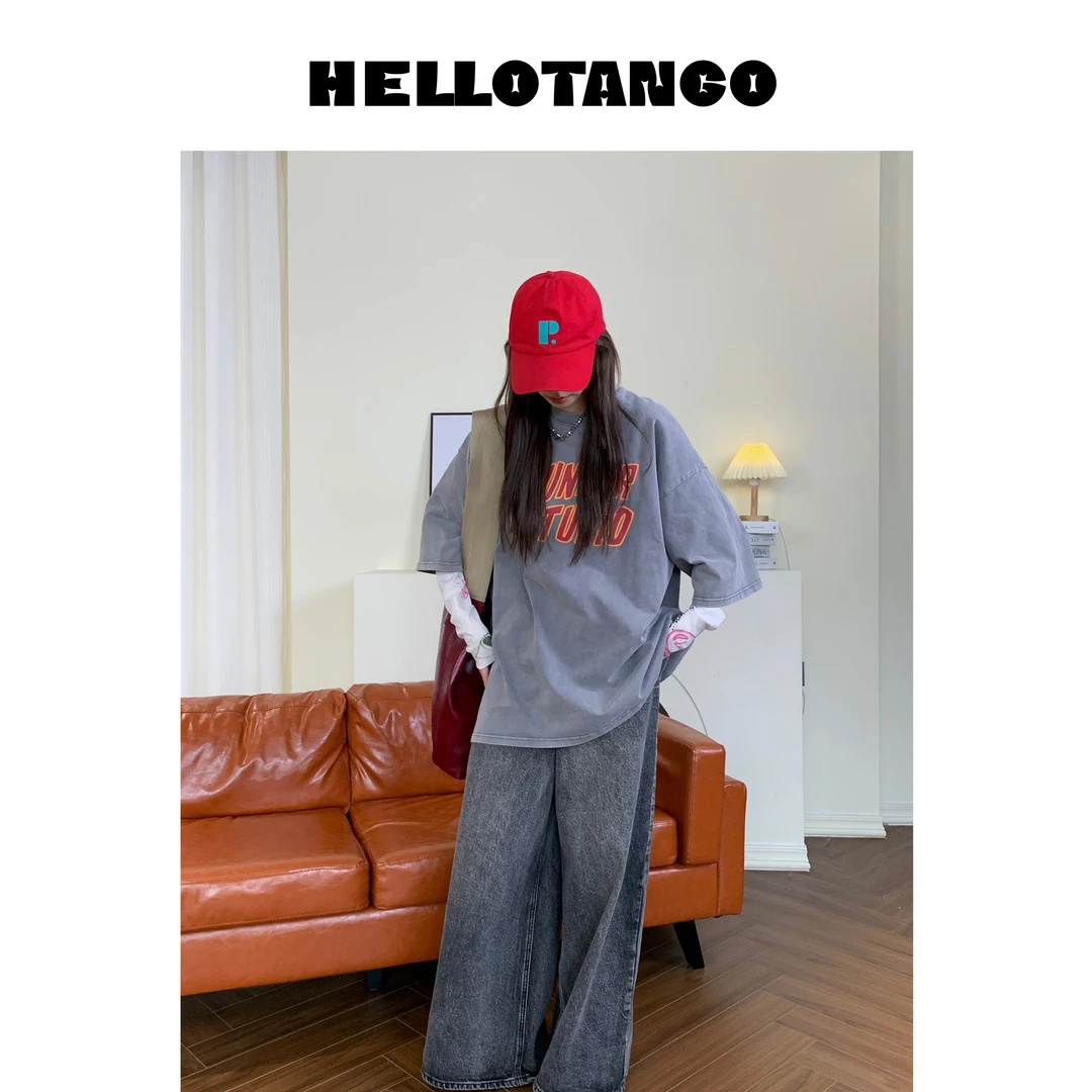 HELLOTANGO《五点一刻》小众重工洗水美式大版加厚T恤83920#