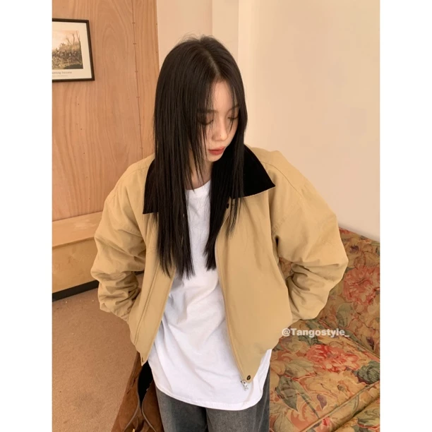 HELLOTANGO《北岛信物》小众复古风百搭拼色领外套83206-1#