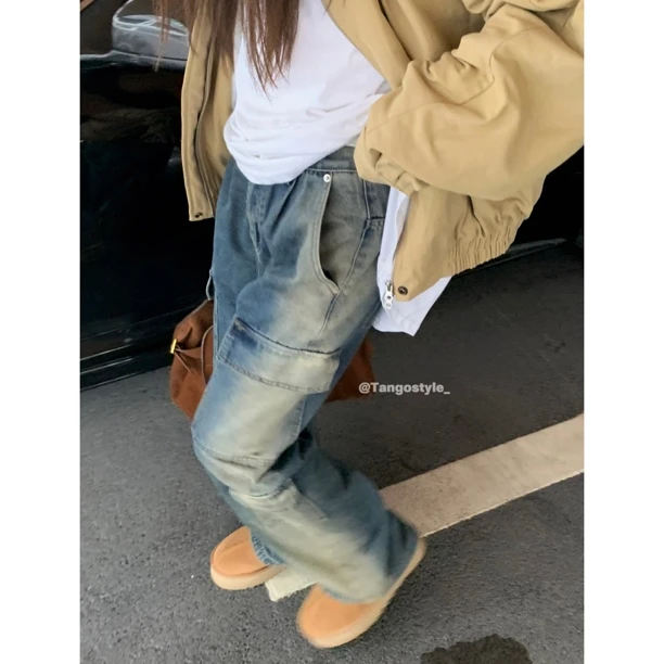HELLOTANGO《失控旋律》小众复古水洗渐变宽松阔腿休闲牛仔裤F121#