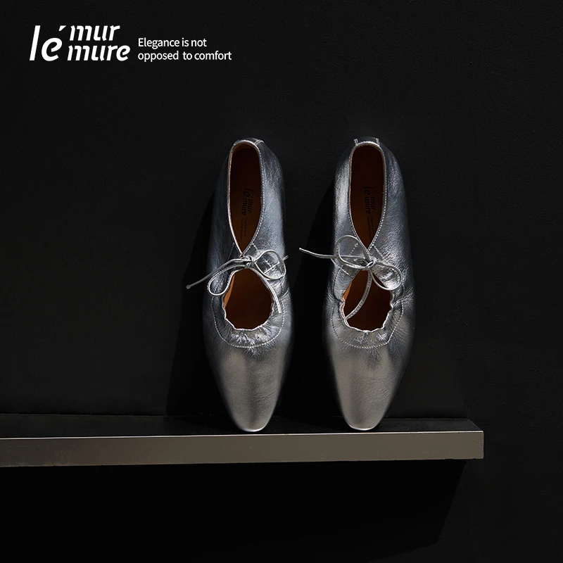 Le' Murmure 设计师进口金属牛皮绑带杏仁玛丽珍真皮平底鞋女多色