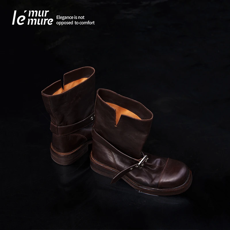 Le' Murmure 意大利水染植鞣小牛皮 纯手工水洗 褶皱 西部短靴zb