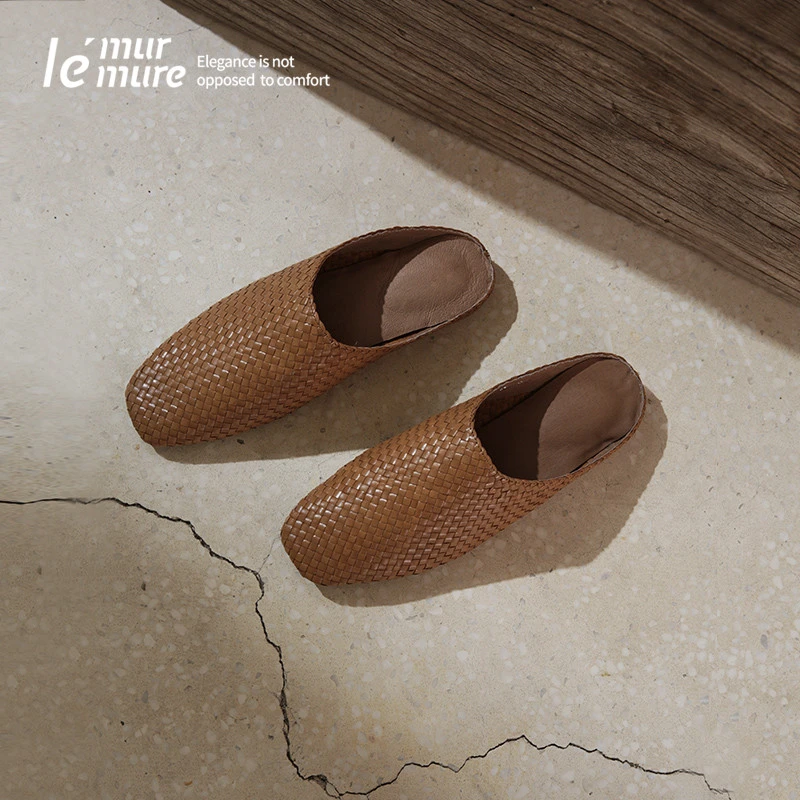 Le' Murmure 原创设计师时髦手工牛皮编织包头拖鞋女户外夏新款