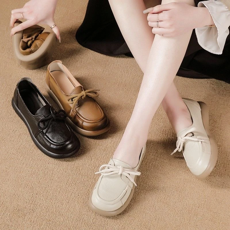 头层牛皮小白女单鞋豆豆平底妈妈鞋春季休闲鞋皮鞋四季软底一脚蹬