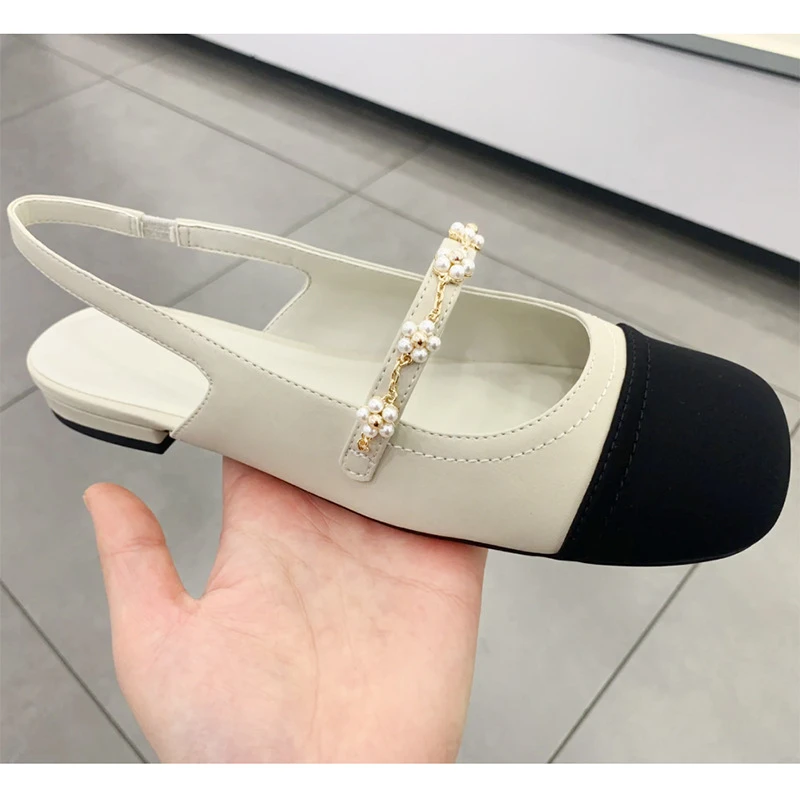 2024春夏新款小香风链条玛丽珍凉鞋女复古方头单鞋拼色包头低跟鞋