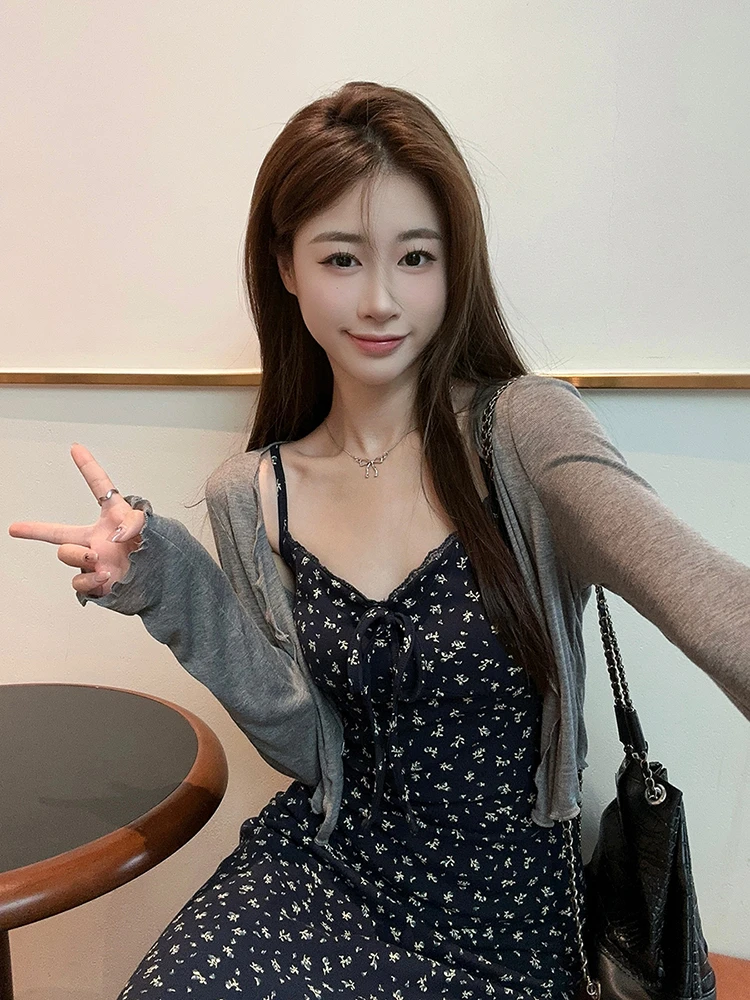 2025夏季新款套装纯欲碎花针织连衣裙女修身显瘦吊带裙子法式长裙