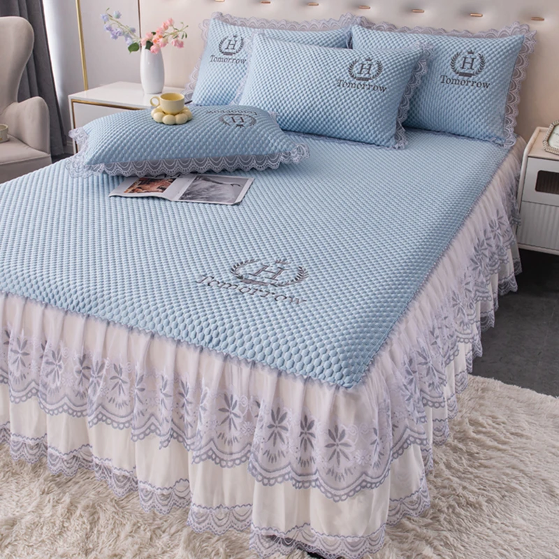 夏季冰丝豆豆凉席三件套公主风花边蕾丝床裙款可机水洗空调软席子