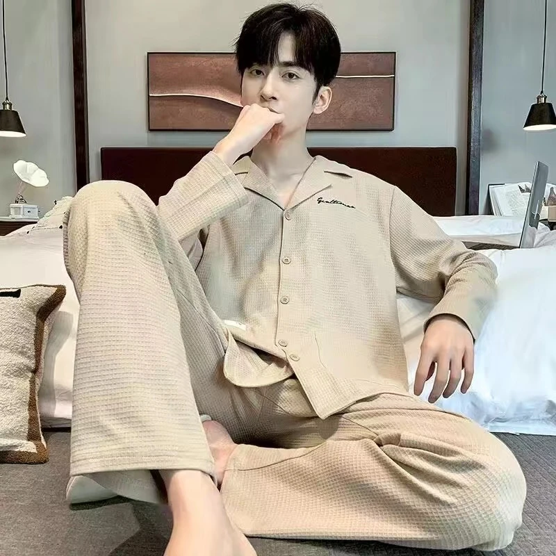 2023男士睡衣春秋季华夫格睡衣男纯棉新款春秋长袖大码家居服
