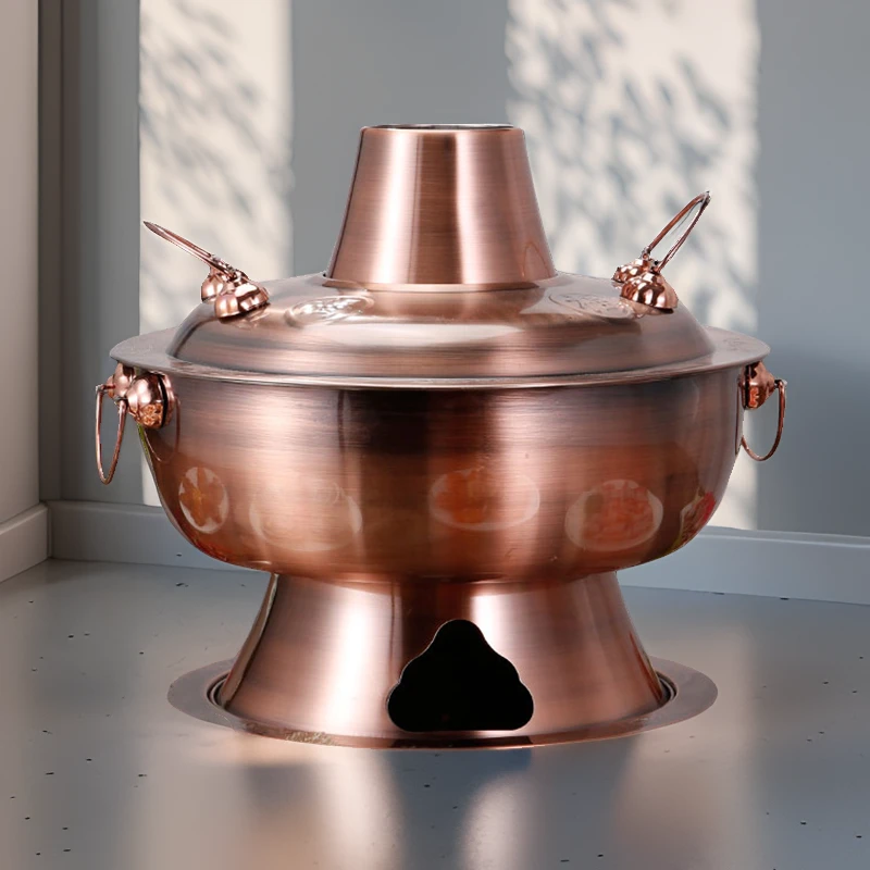 特厚专用铜仿铜木炭家用老式老北京两用铸铁火锅专用锅老式铜火锅