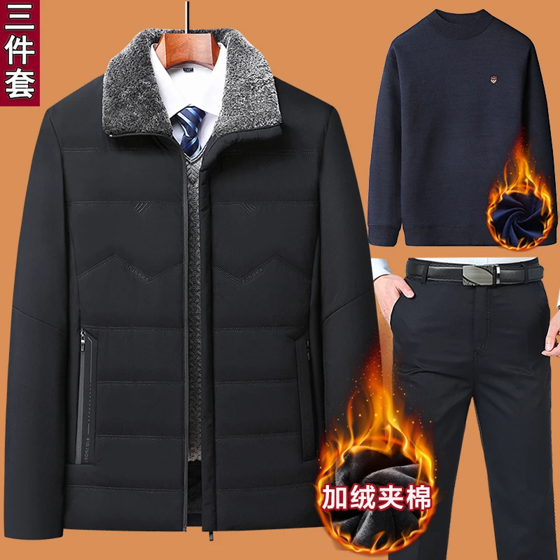 爸爸冬季套装棉袄子加绒加厚中年男装40到50岁60棉衣服70外套冬装