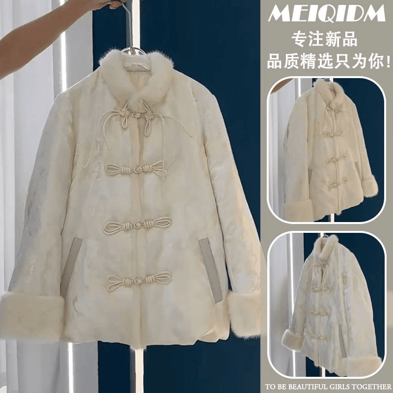 2023冬季新款新中式国风毛边加厚羽绒服宽松百搭外套女复古盘扣羽