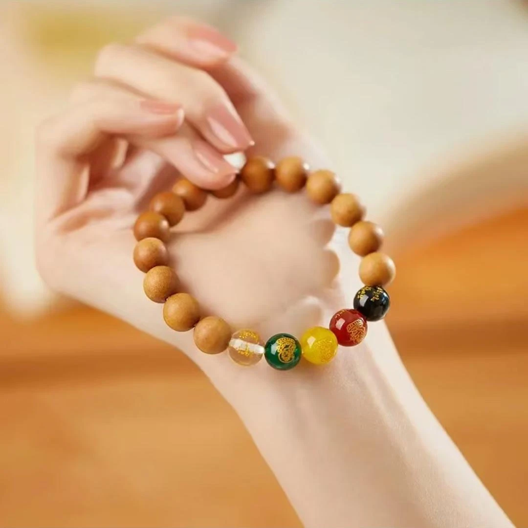 非金属木质手链  手链桃木手串雕刻五路财神手串男女款古风百搭