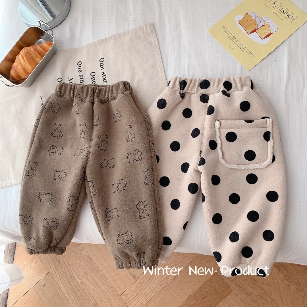 阔腿儿童小熊休闲裤0-5岁冬季秋冬复合加绒裤子宝宝卡通加厚冬装
