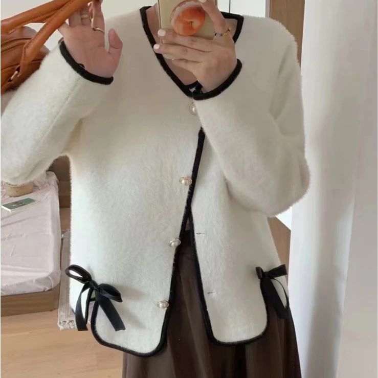 水貂绒小香风外套女短款秋冬新款韩版宽松长袖针织开衫