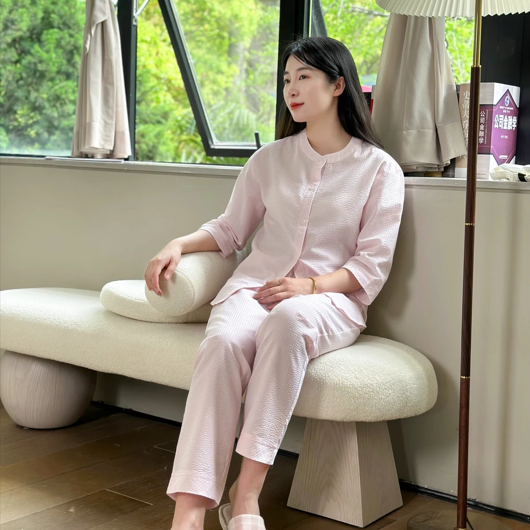 宜色家夏季全棉60支泡泡纱七分袖大码外穿薄款家居服睡衣女套装c