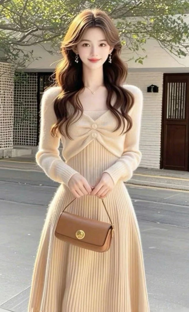 2024秋季穿搭一整套漂亮女装时髦洋气小香风杏色针织衫连衣裙套装