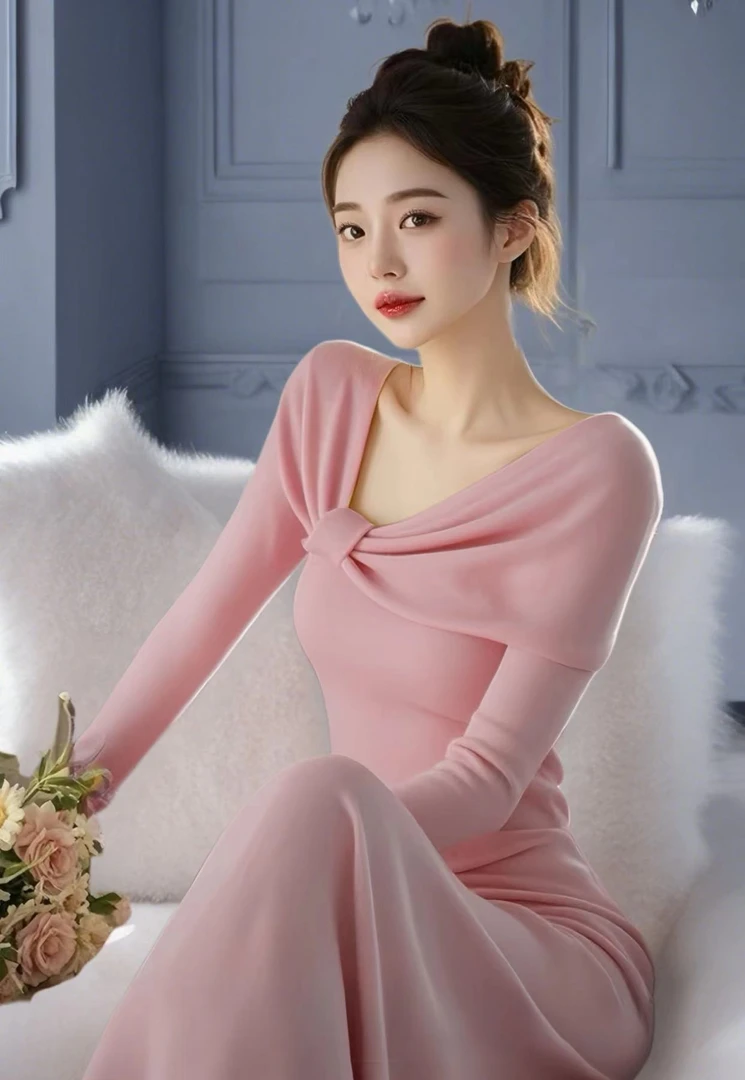 韩系氛围感穿搭好看小香风粉色不规则连衣裙子2024秋季新款女装