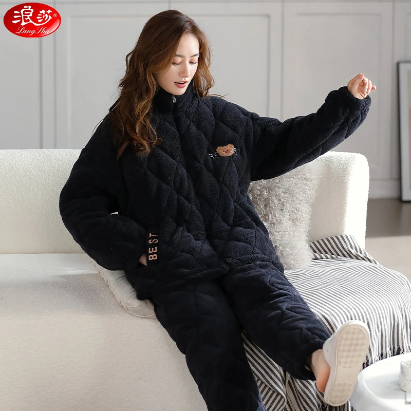浪莎珊瑚绒睡衣女冬季三层夹棉袄保暖加绒加厚法兰绒可外穿家居服