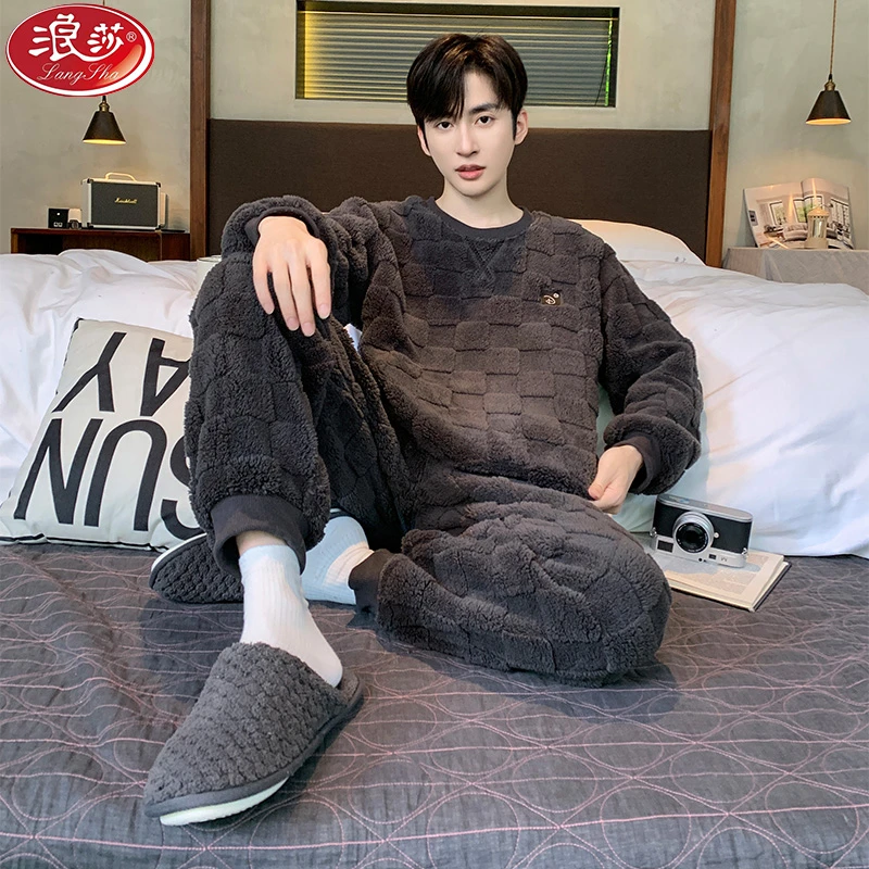 浪莎珊瑚绒睡衣男冬款加绒加厚男士大码休闲宽松保暖法兰绒家居服