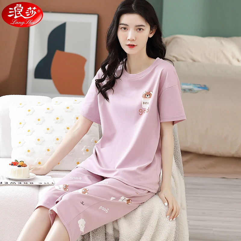 浪莎睡衣女夏季纯棉短袖七分裤女士薄款大码宽松春夏款家居服套装