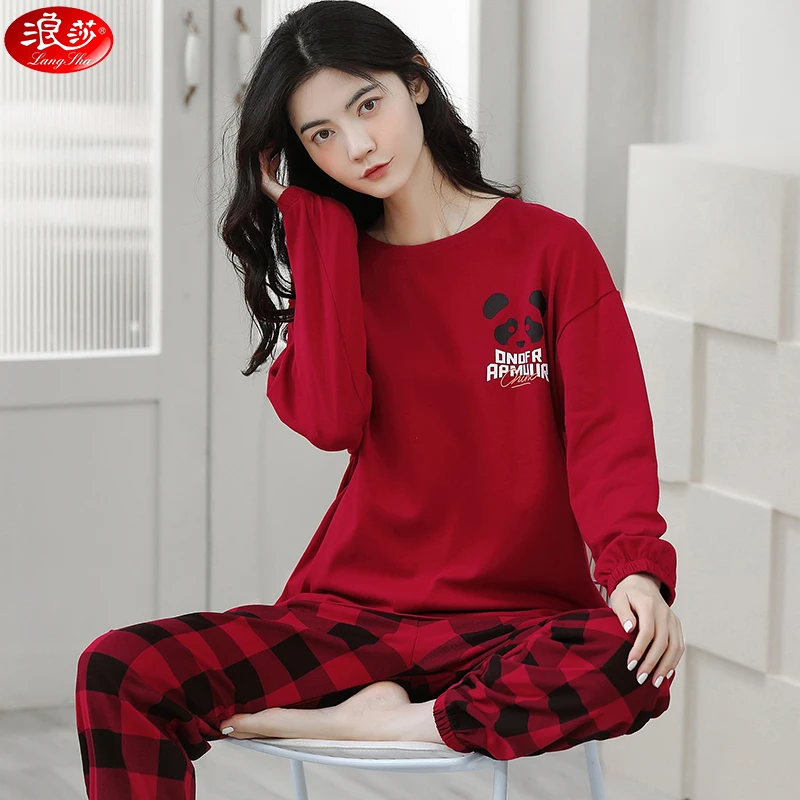 浪莎100%纯棉睡衣女秋冬季长袖长裤红色全棉加厚春秋款家居服套装