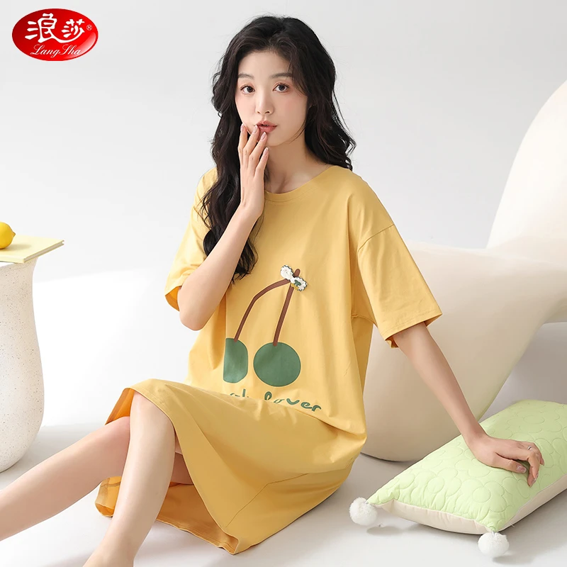 浪莎100%纯棉睡裙女夏季短袖薄款睡衣休闲夏天可外穿中长款家居服