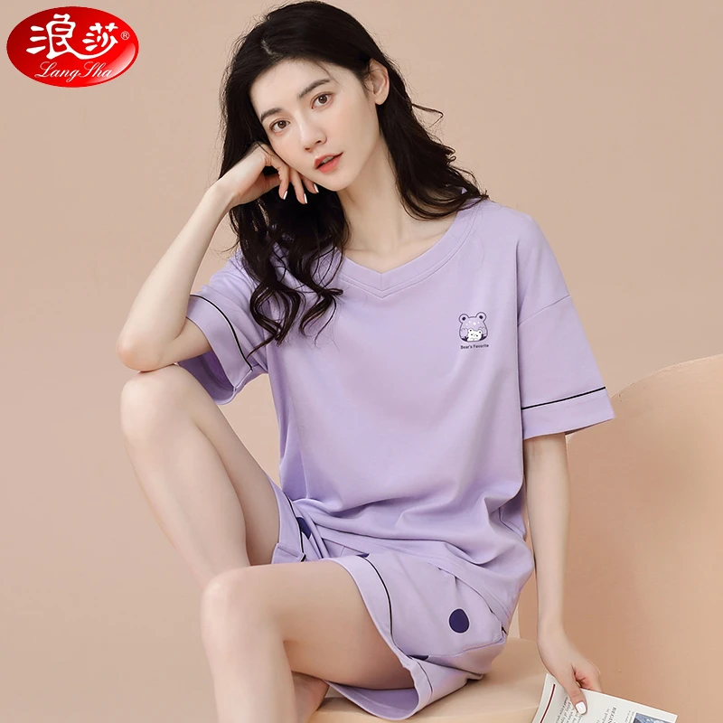 浪莎100%纯棉睡衣女夏季薄款短袖短裤卡通网红爆款夏天家居服套装