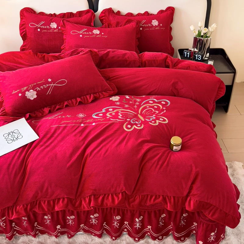 24年新品【蝴蝶花】高端品质 高支高密 婴儿绒韩版床裙床盖款四件套