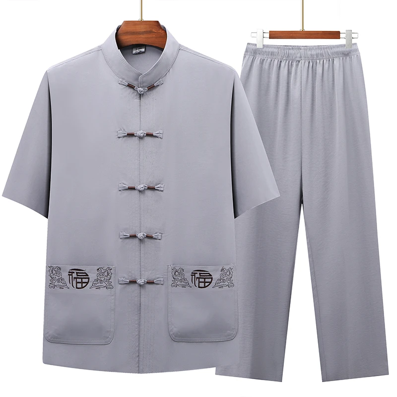 暖心爸爸中老年夏季唐装套装男爸爸装国风短袖中式宽松休闲爷爷装