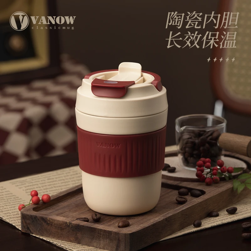 vanow保温杯吸管大容量防摔带盖高颜值陶瓷内胆咖啡杯2025新款杯