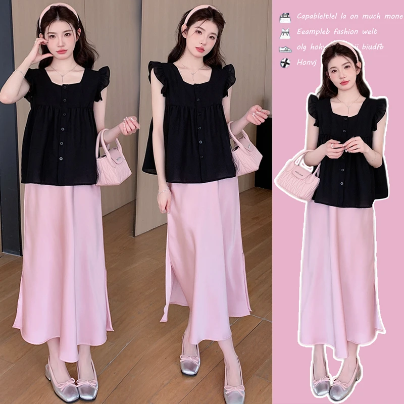 【安安】孕妇装夏季飞飞袖上衣高级感中长款半身裙子孕妇夏装娃娃衫