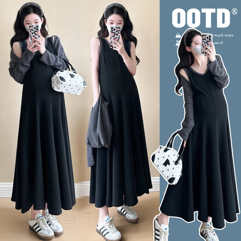 【安安】孕妇装春秋装减龄韩版吊带裙两件套时尚开衫显瘦孕妇连衣裙