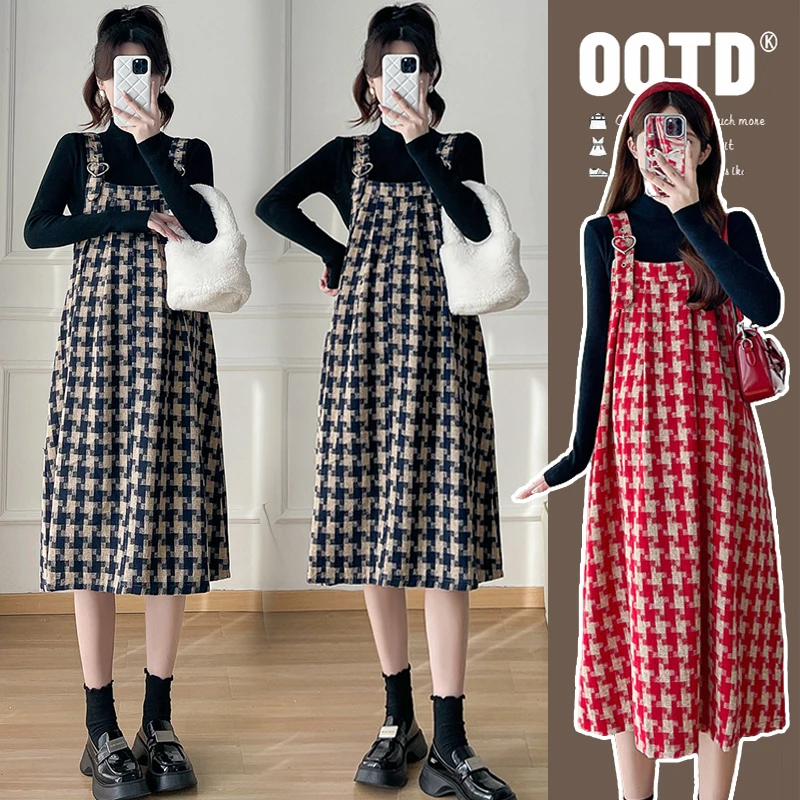 【安安】孕妇装秋冬季格子背带裙+上衣减龄洋气孕妇连衣裙韩版冬装