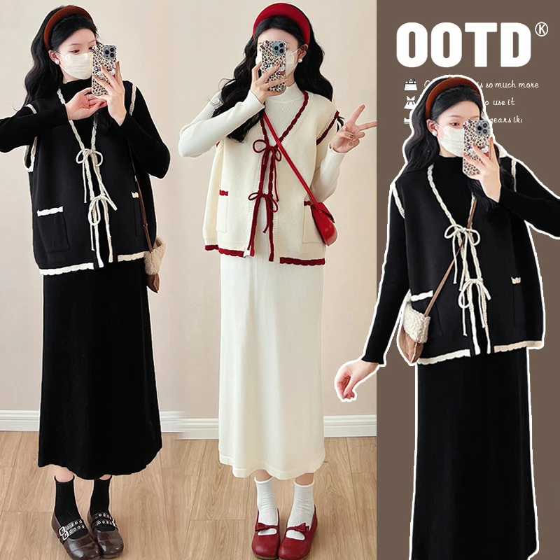 【安安】孕妇装秋冬季洋气马甲外套+裙子时尚款气质高级孕妇连衣裙