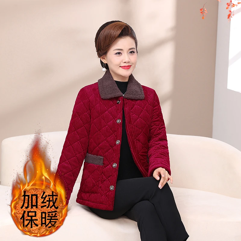 2024秋冬新款翻领加绒加厚三层加棉长袖竖条纹女装妈妈装