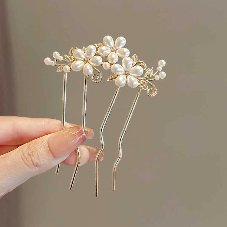 高级感珍珠花朵U型发簪丸子头发梳新款后脑勺盘发神器U型簪子发钗