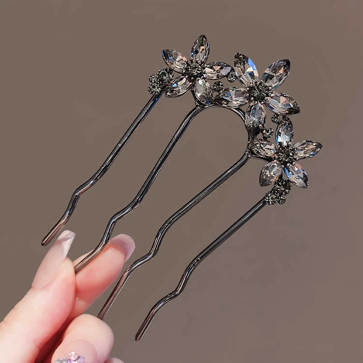 奢华法式黑色水钻花朵波浪发梳精致日常盘发神器U型气质发钗簪子