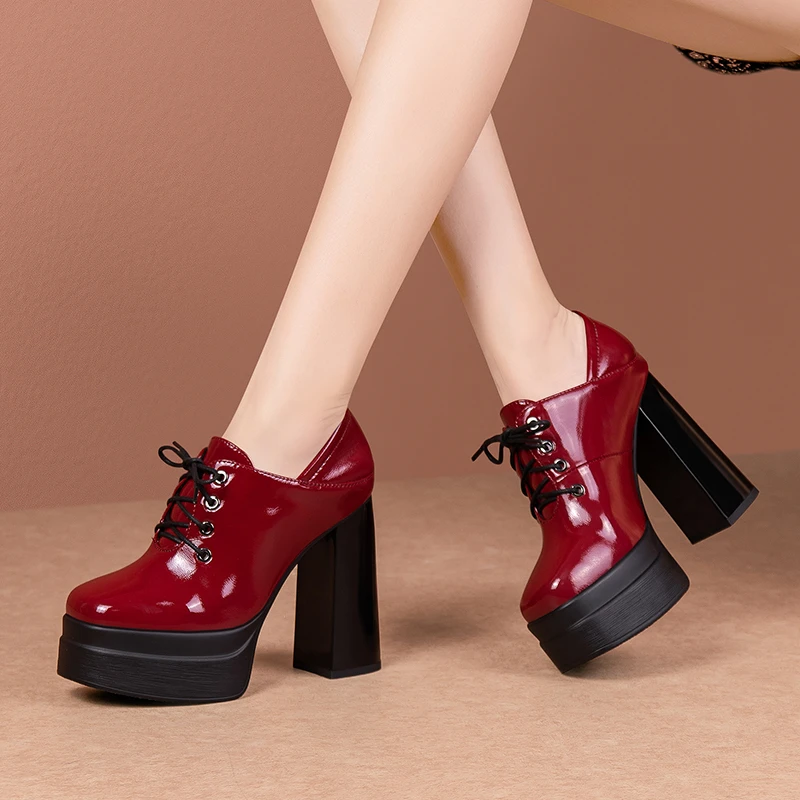 小个子系带漆皮高跟鞋女真皮气质方头春秋新款防水台粗跟深口单鞋