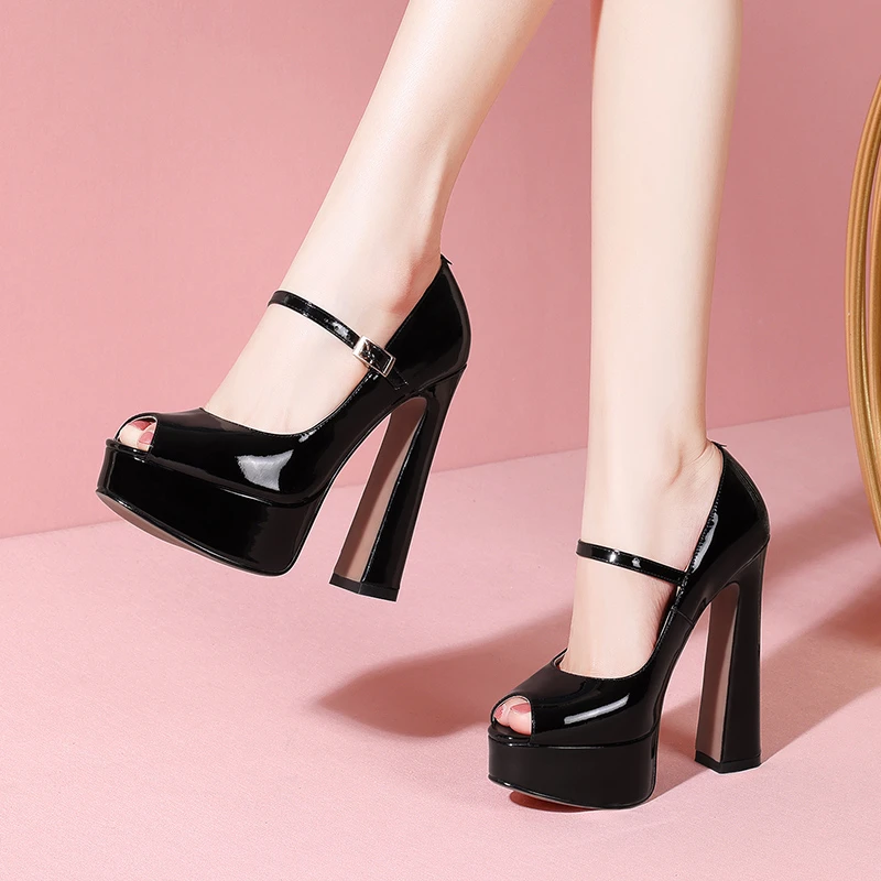 鱼嘴厚底走秀高跟鞋女真皮春秋新款防水台超高跟职业粗跟单鞋百搭