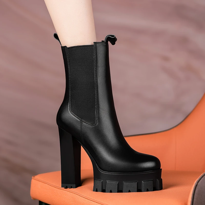 烟筒靴女真皮时尚春秋新款粗跟中筒切尔西短靴防水台高跟气质单靴