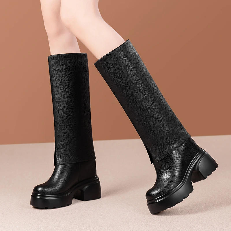 小个子厚底高筒裤管靴女真皮秋冬新款内增高长筒靴时尚不过膝靴子