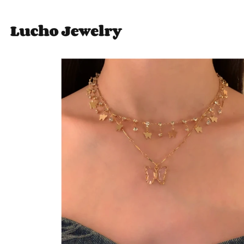合金合成锆石项链 粉粉蝴蝶贝壳流苏轻奢复古小众叠戴锁骨链项链
