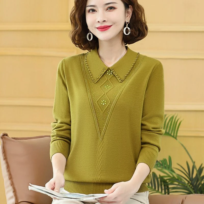 妈妈春秋毛衣中老年人女上衣秋季翻领针织衫洋气长袖套头打底衫